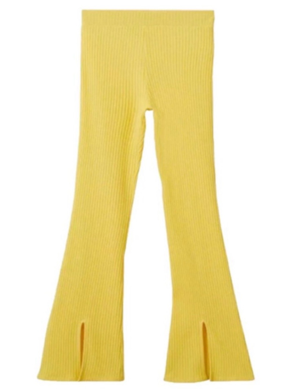 Mango MNG Yellow Ribbed Stretch Knit  High Waist Leggings Flare Pants Sz‎ L NWT